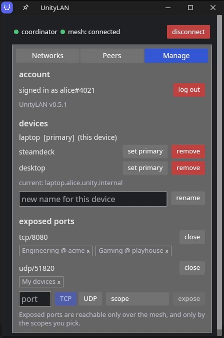 The Manage tab: each exposed port listed with a chip per scope allowed to reach it