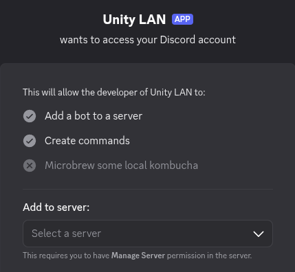 Discord's authorization prompt for the UnityLAN bot, listing only two abilities: add a bot to a server and create commands