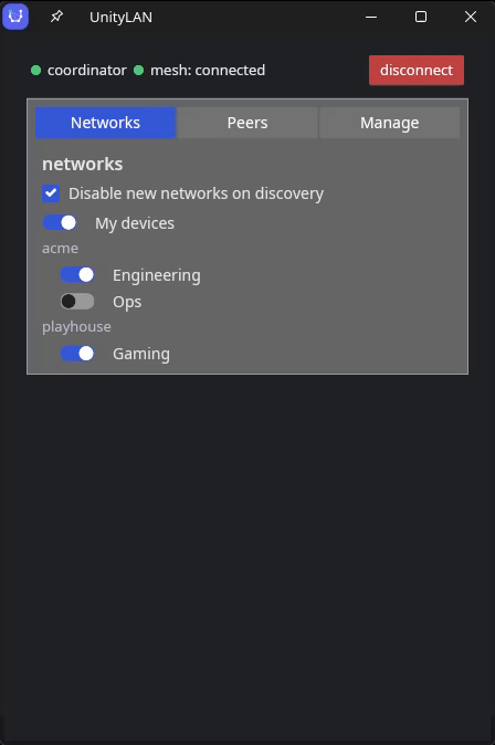 The Networks tab of the desktop app, showing the My devices toggle alongside per-community networks