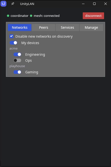 The Networks tab of the desktop app, showing the My devices toggle alongside per-community networks