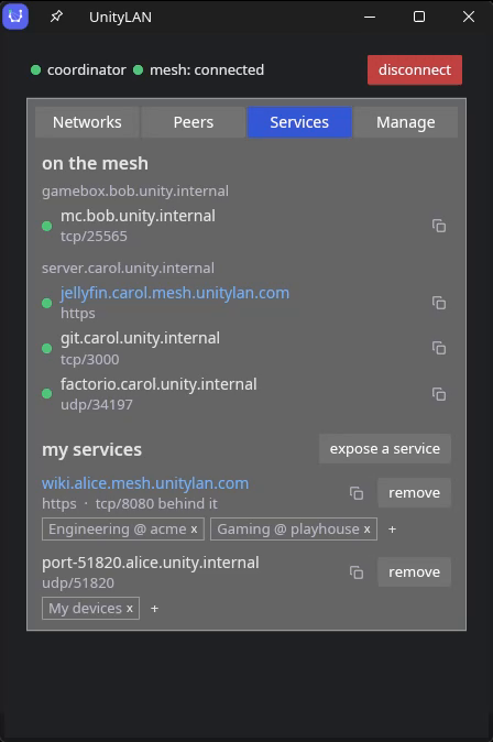 The Services tab: this device's named services, and what other members are serving